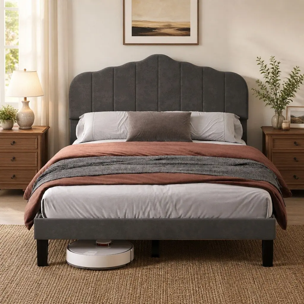 Dark Grey Upholstered Queen Size Bed Frame with Storage