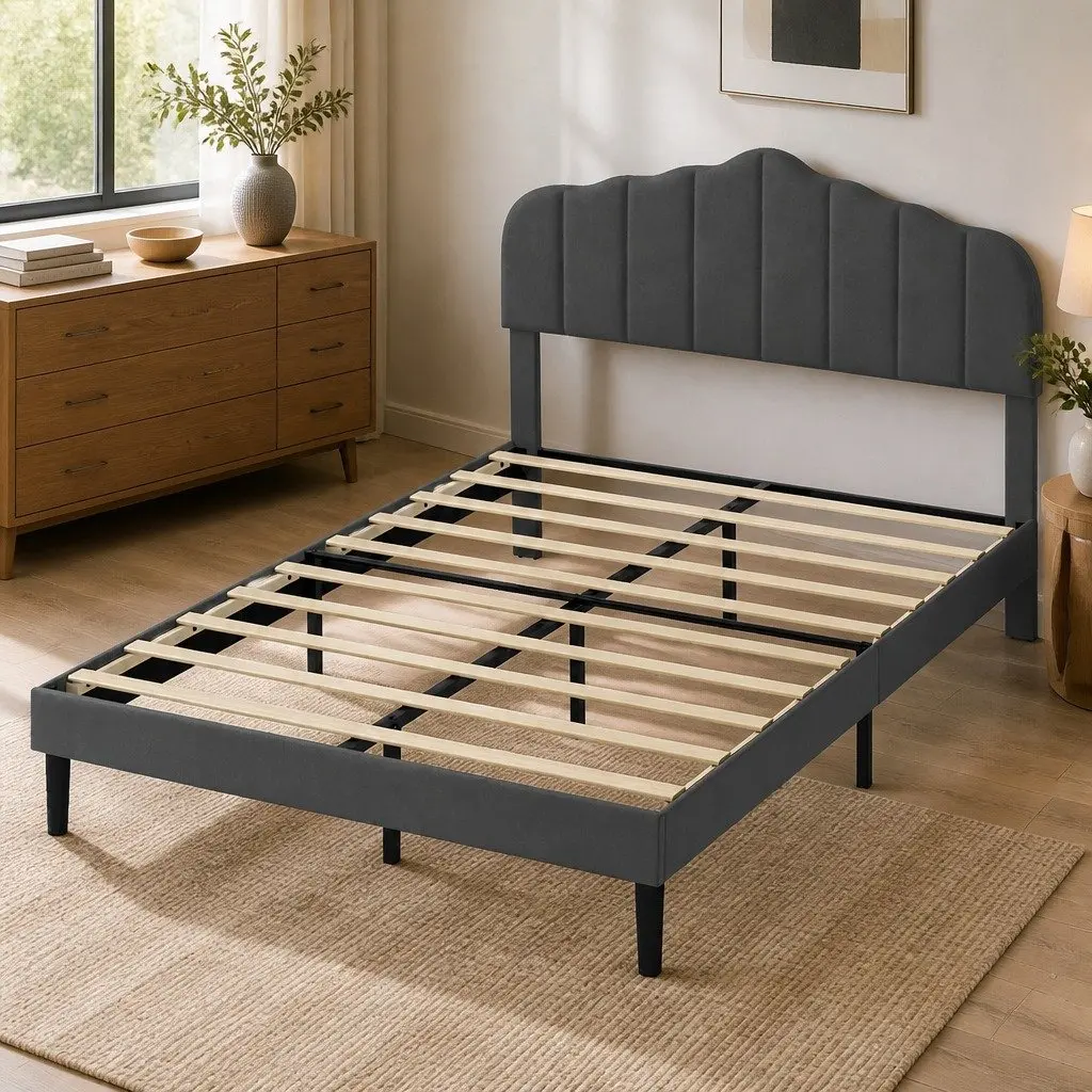 Dark Grey Upholstered Queen Size Bed Frame with Storage