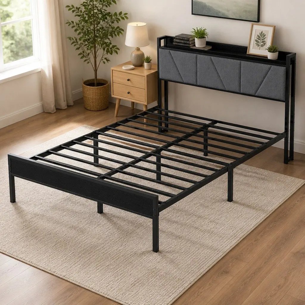 Grey Double Bed Frame with Upholstered Headboard