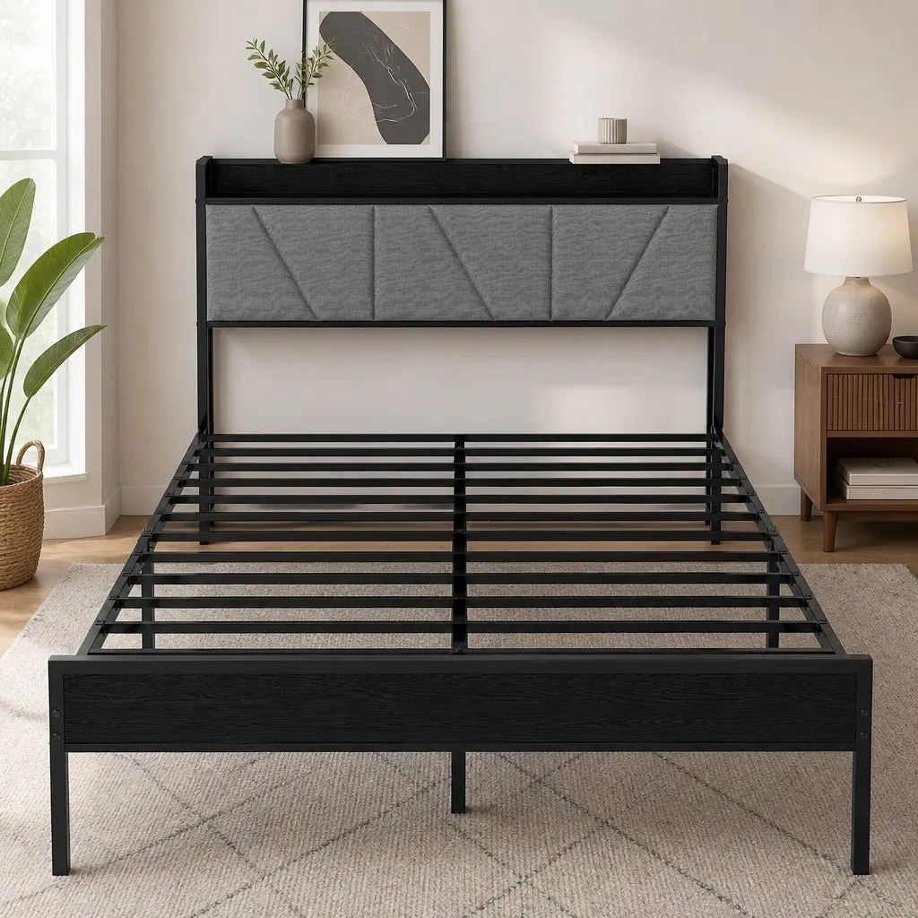Grey Double Bed Frame with Upholstered Headboard