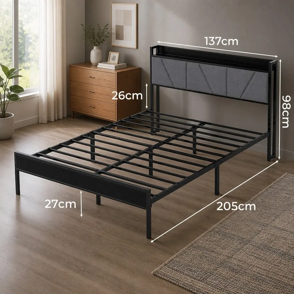Grey Double Bed Frame with Upholstered Headboard