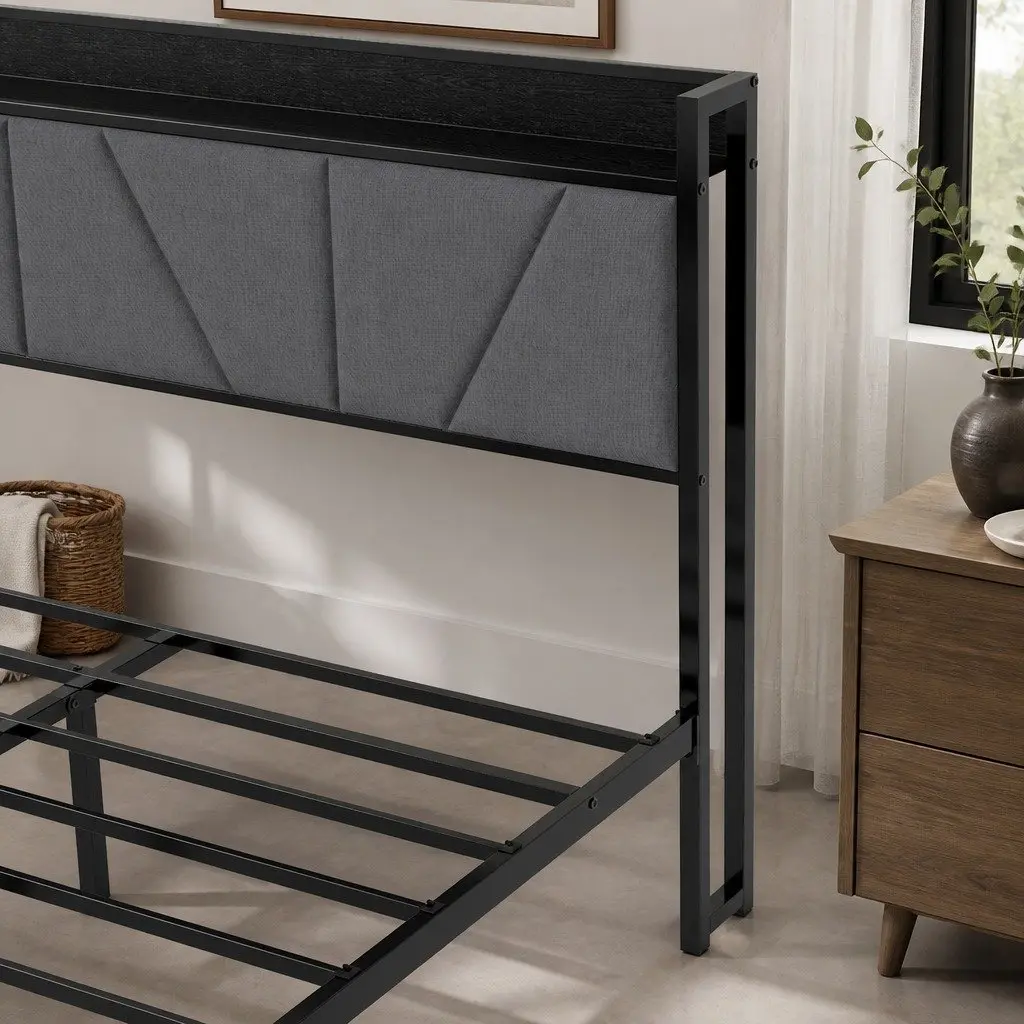Grey Double Bed Frame with Upholstered Headboard