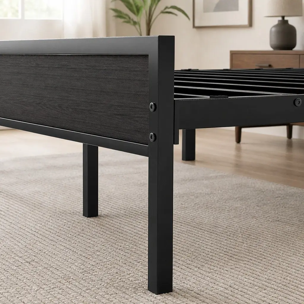 Grey Double Bed Frame with Upholstered Headboard