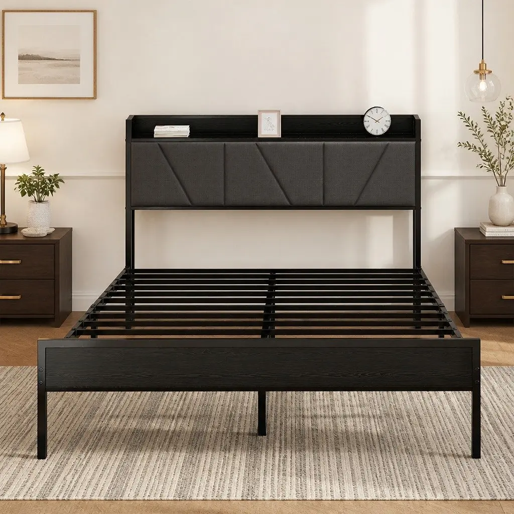 Grey Double Bed Frame with Upholstered Headboard