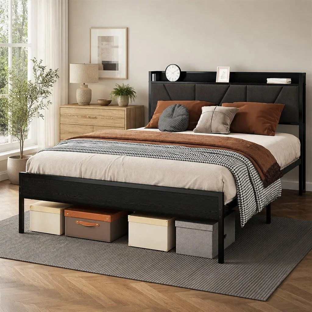 Grey Double Bed Frame with Upholstered Headboard