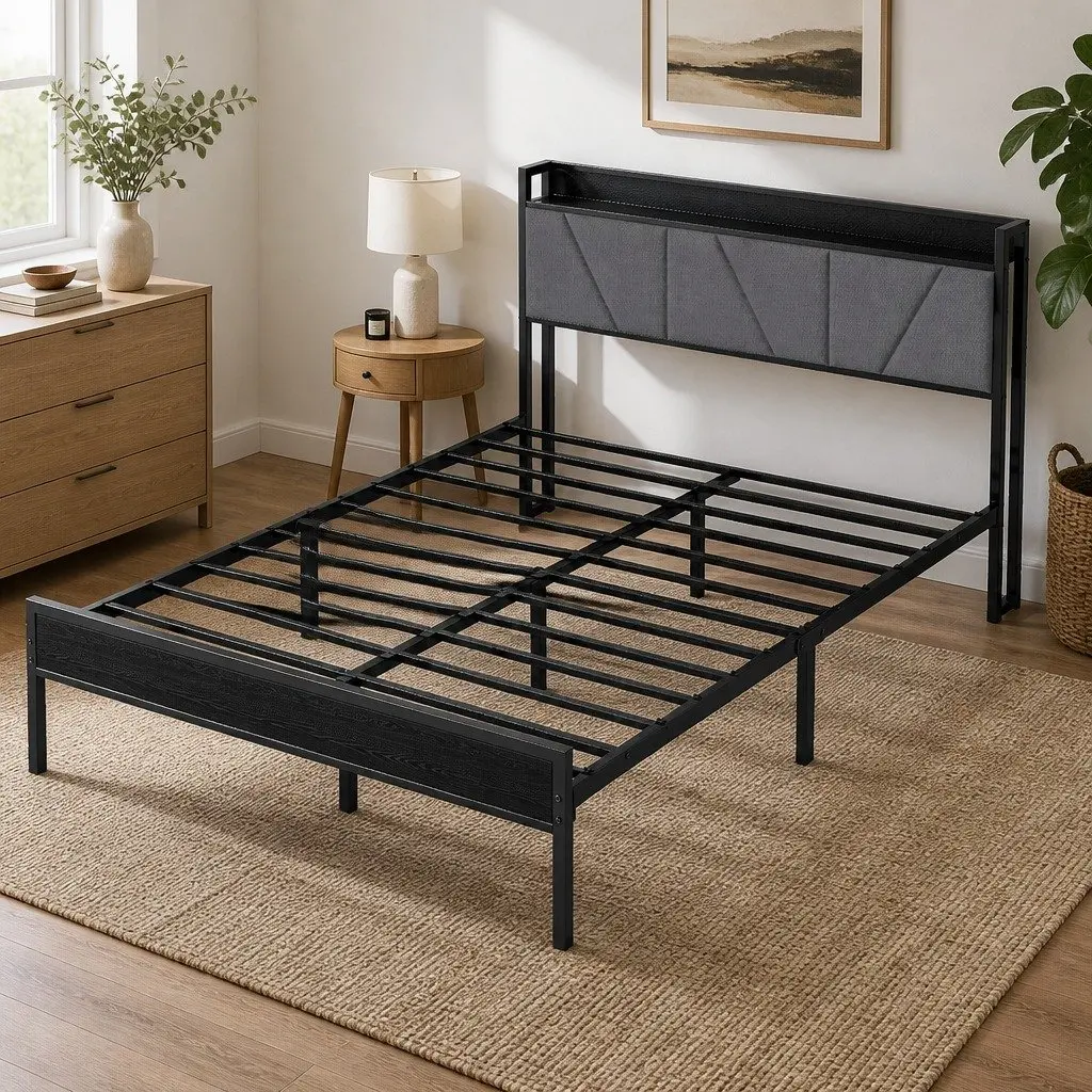 Grey Double Bed Frame with Upholstered Headboard