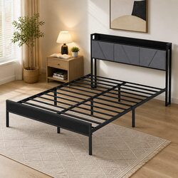 Upholstered Queen Bed Frame with Steel Base in Grey