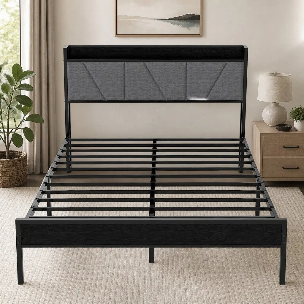 Upholstered Queen Bed Frame with Steel Base in Grey