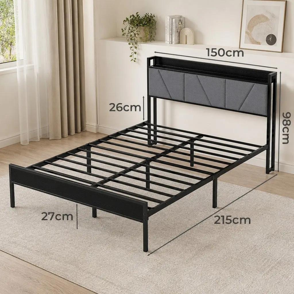 Upholstered Queen Bed Frame with Steel Base in Grey