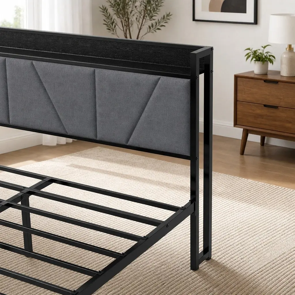 Upholstered Queen Bed Frame with Steel Base in Grey