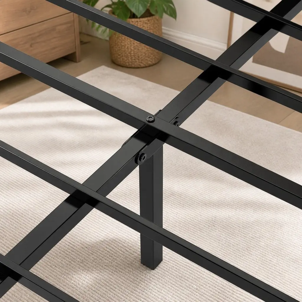 Upholstered Queen Bed Frame with Steel Base in Grey