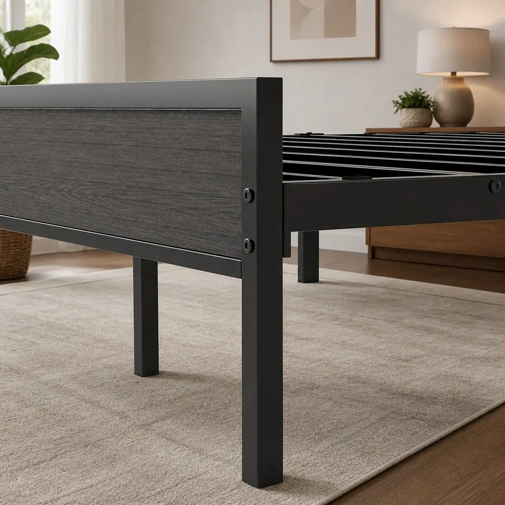 Upholstered Queen Bed Frame with Steel Base in Grey