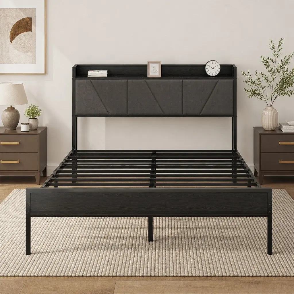 Upholstered Queen Bed Frame with Steel Base in Grey