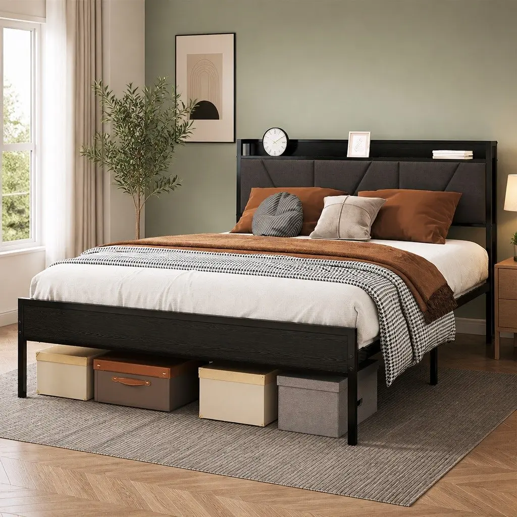 Upholstered Queen Bed Frame with Steel Base in Grey