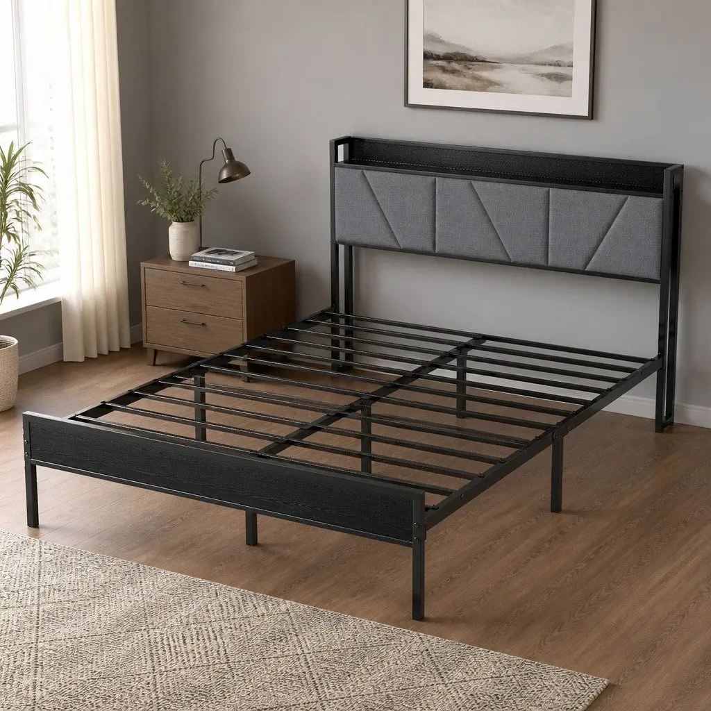 Upholstered Queen Bed Frame with Steel Base in Grey