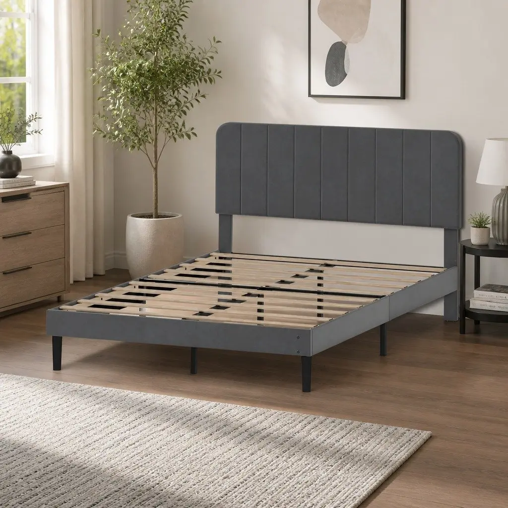 Upholstered Double Bed Frame with Adjustable Headboard
