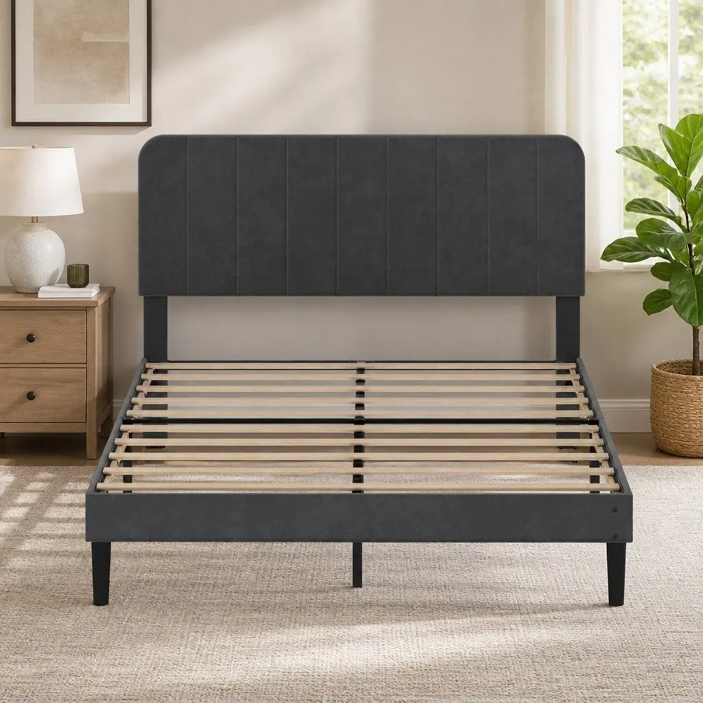 Upholstered Double Bed Frame with Adjustable Headboard