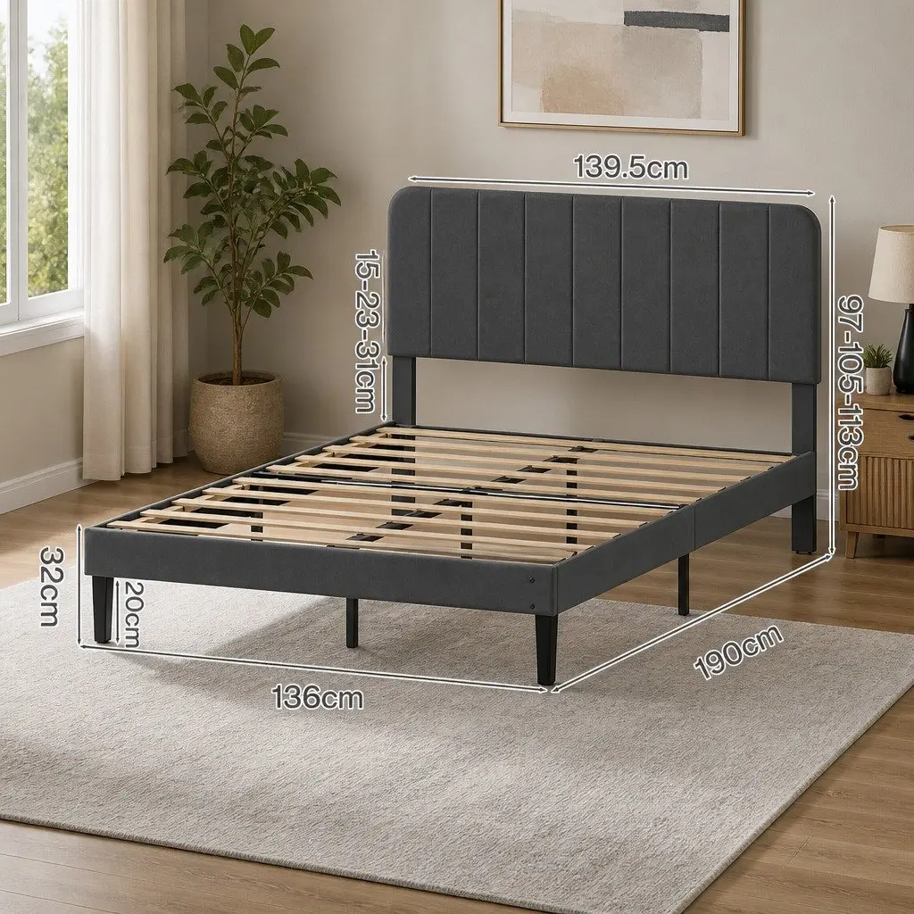 Upholstered Double Bed Frame with Adjustable Headboard