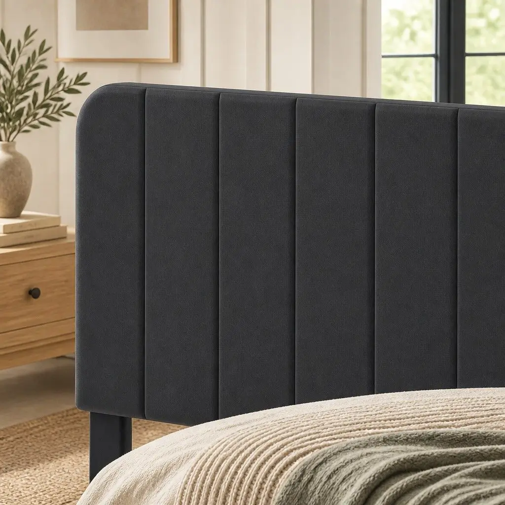 Upholstered Double Bed Frame with Adjustable Headboard