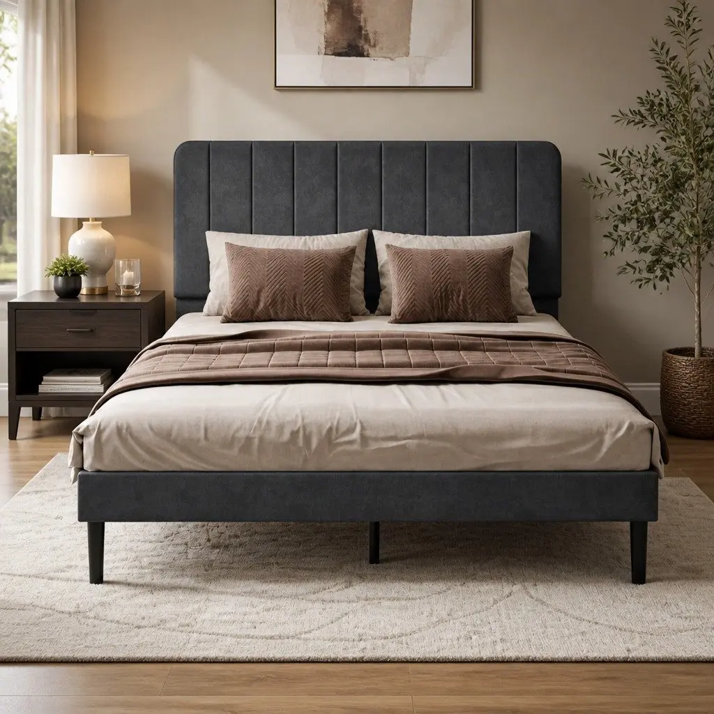 Upholstered Double Bed Frame with Adjustable Headboard