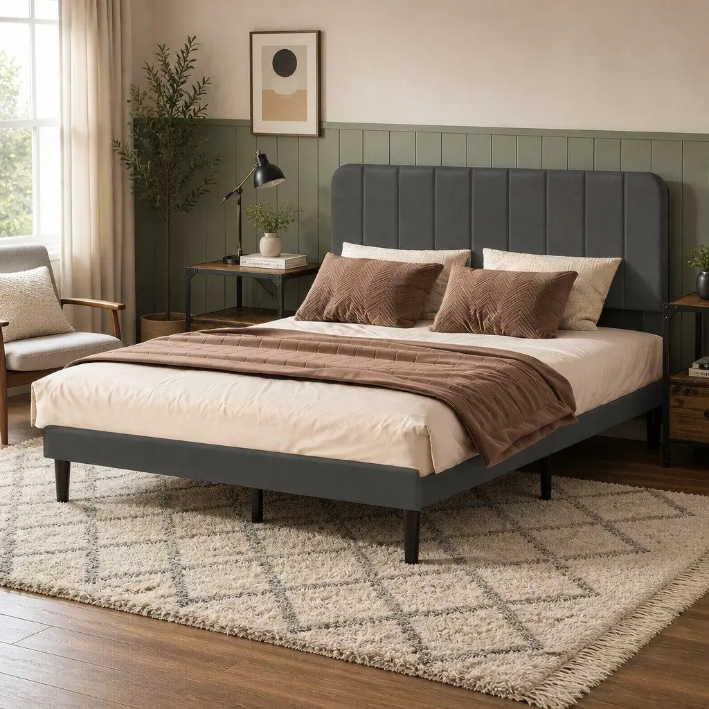 Upholstered Double Bed Frame with Adjustable Headboard