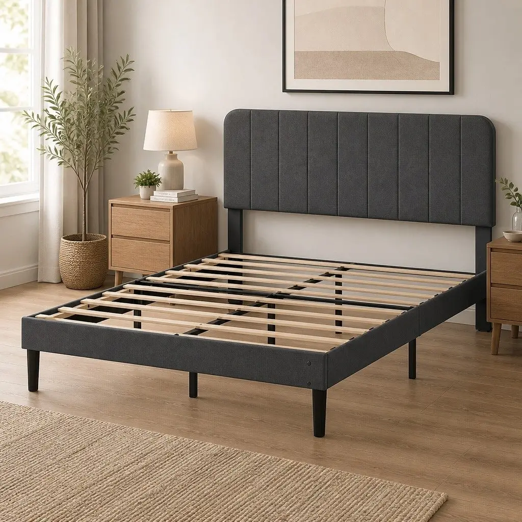 Upholstered Double Bed Frame with Adjustable Headboard