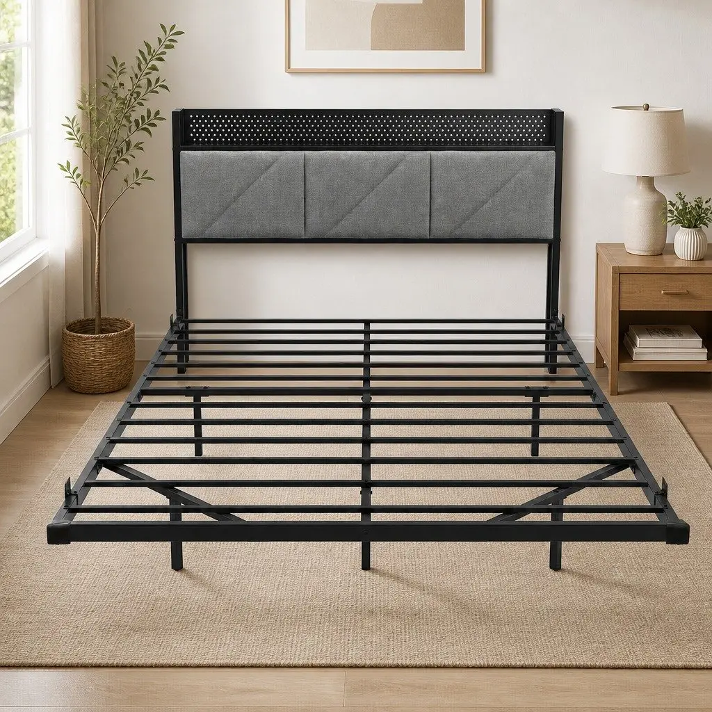 Floating Bed Frame Double LED USB Power Storage Headboard Metal Base Modern