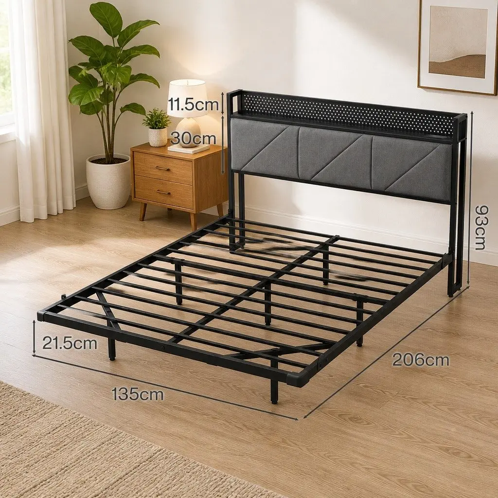 Floating Bed Frame Double LED USB Power Storage Headboard Metal Base Modern