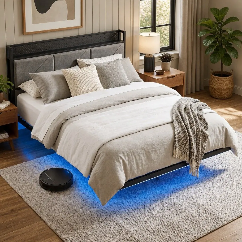 Floating Bed Frame Double LED USB Power Storage Headboard Metal Base Modern