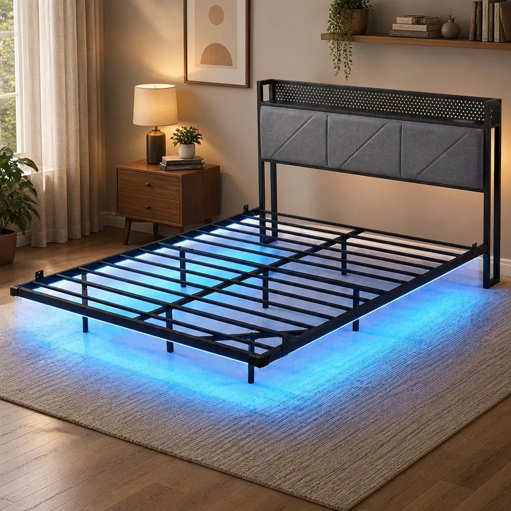 Floating Bed Frame Double LED USB Power Storage Headboard Metal Base Modern