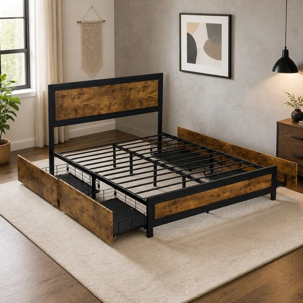 Double Metal Bed Frame with Storage Drawers Steel Slats Industrial Bedroom