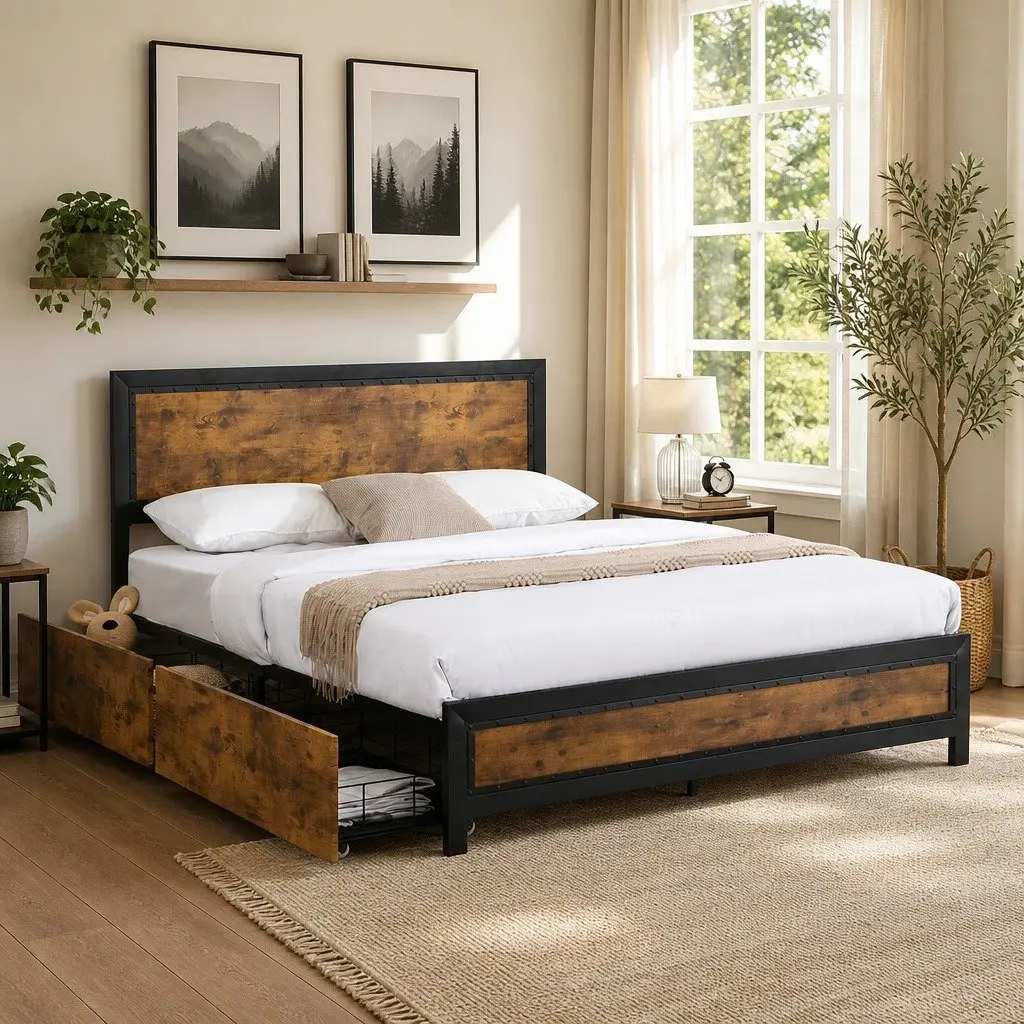 Double Metal Bed Frame with Storage Drawers Steel Slats Industrial Bedroom
