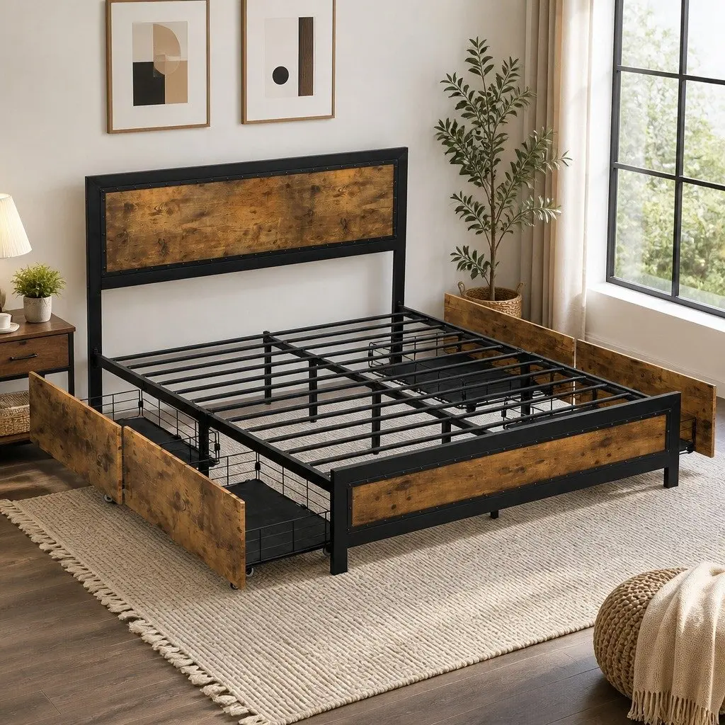 Queen Metal Bed Frame with Under-Bed Storage Drawers Industrial Platform Slat