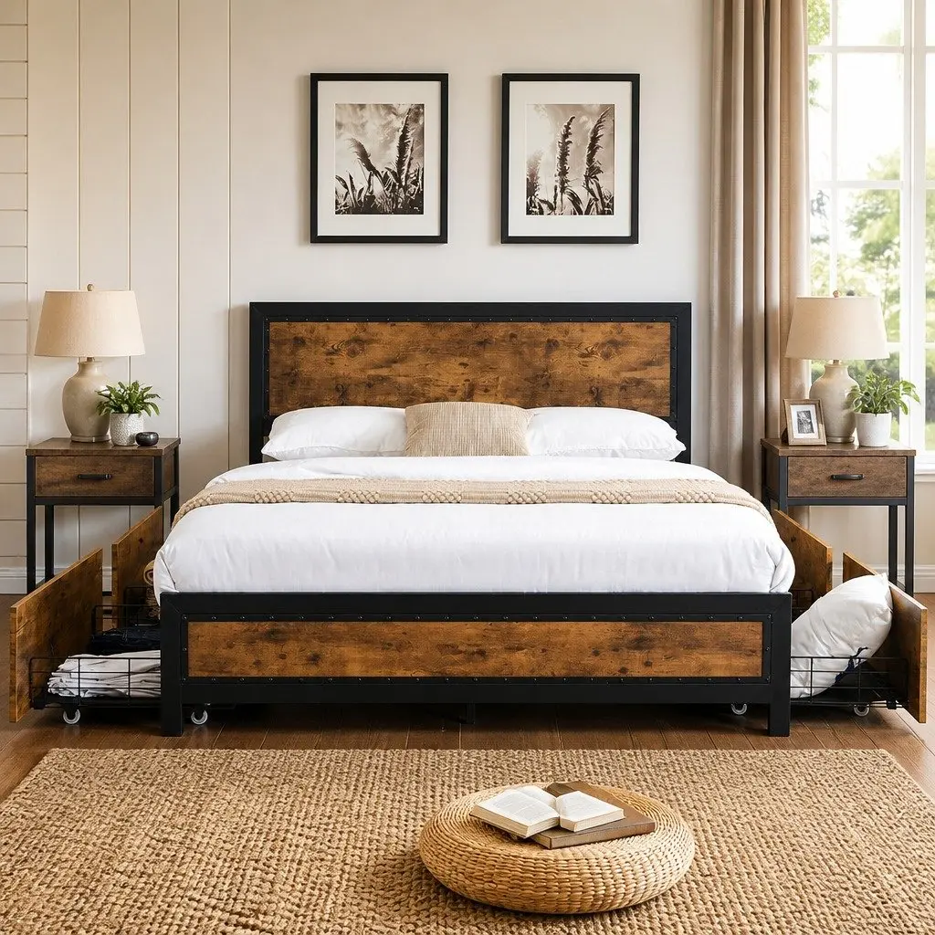 Queen Metal Bed Frame with Under-Bed Storage Drawers Industrial Platform Slat
