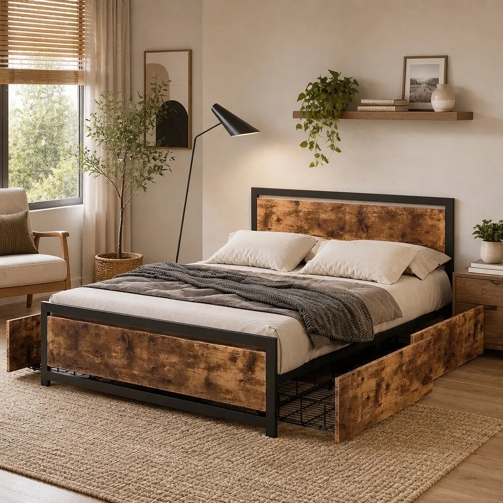 Industrial Double Bed Frame with 4 Under-Bed Storage Drawers Steel Platform
