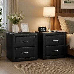 Stylish Black PVC Leather Bedside Table with 2 Drawers