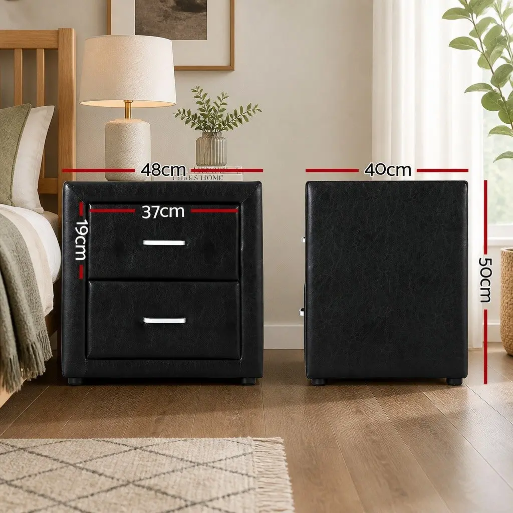 Black PVC Leather Bedside Table with 2 Drawers