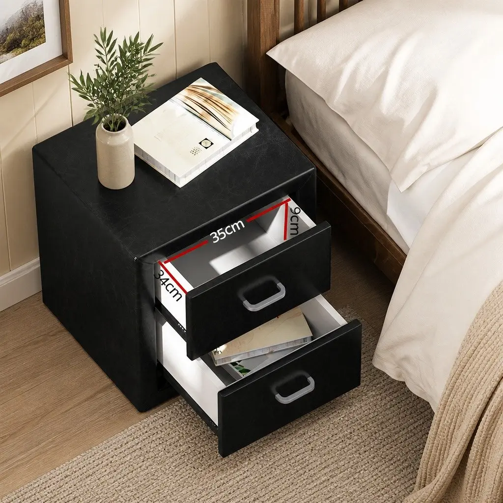 Black PVC Leather Bedside Table with 2 Drawers