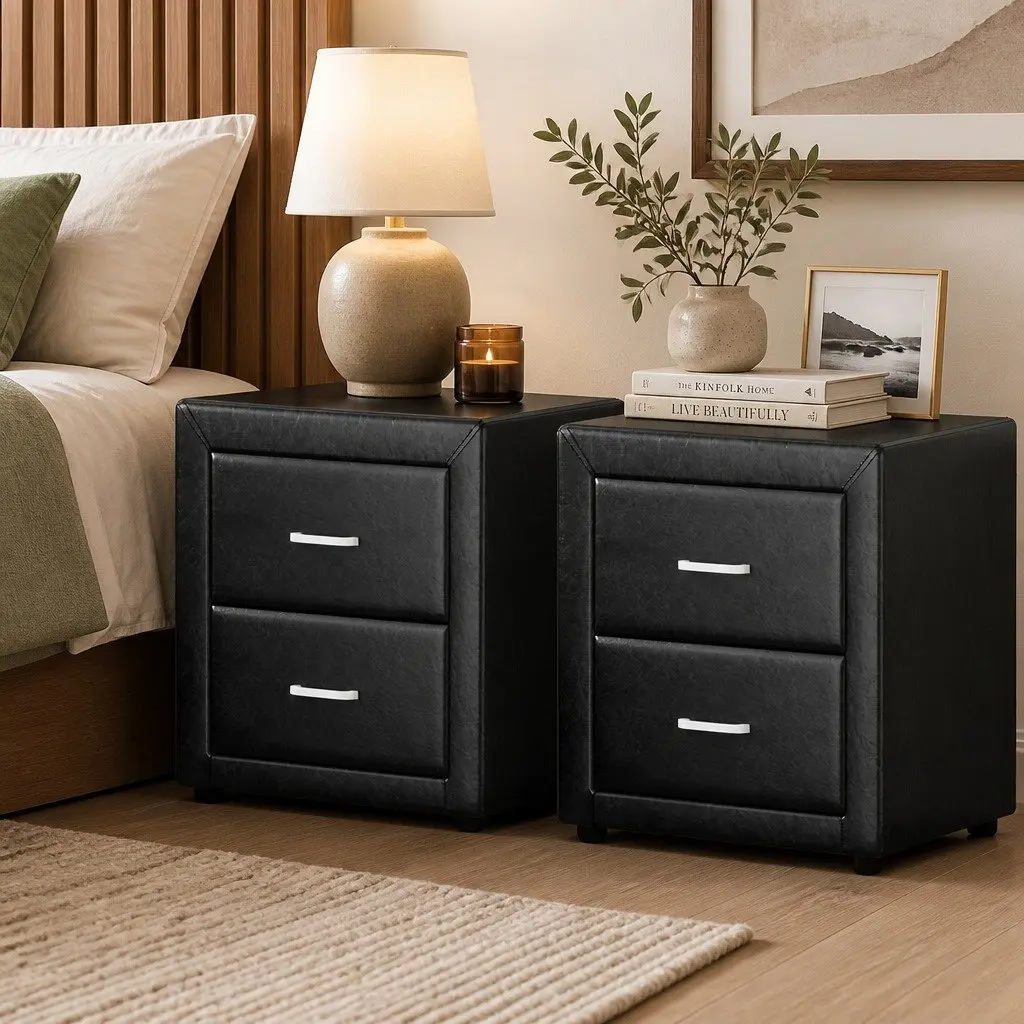 Black PVC Leather Bedside Table with 2 Drawers
