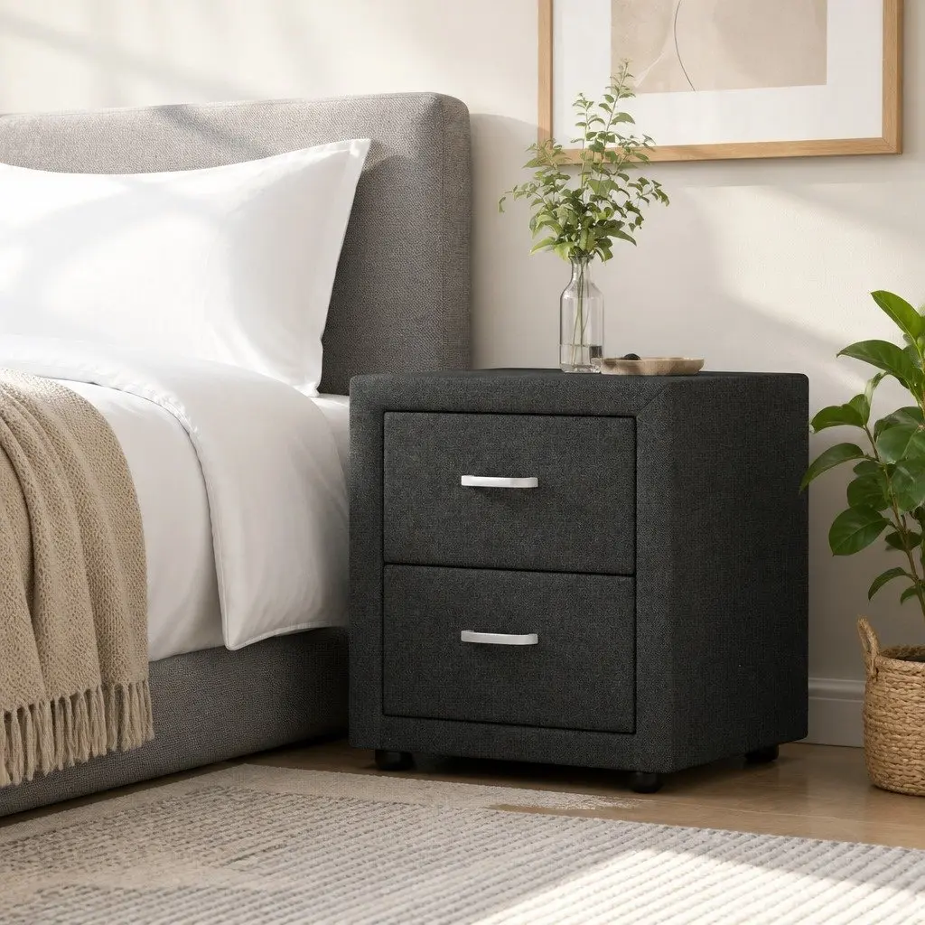 Charcoal Fabric 2-Drawer Bedside Table