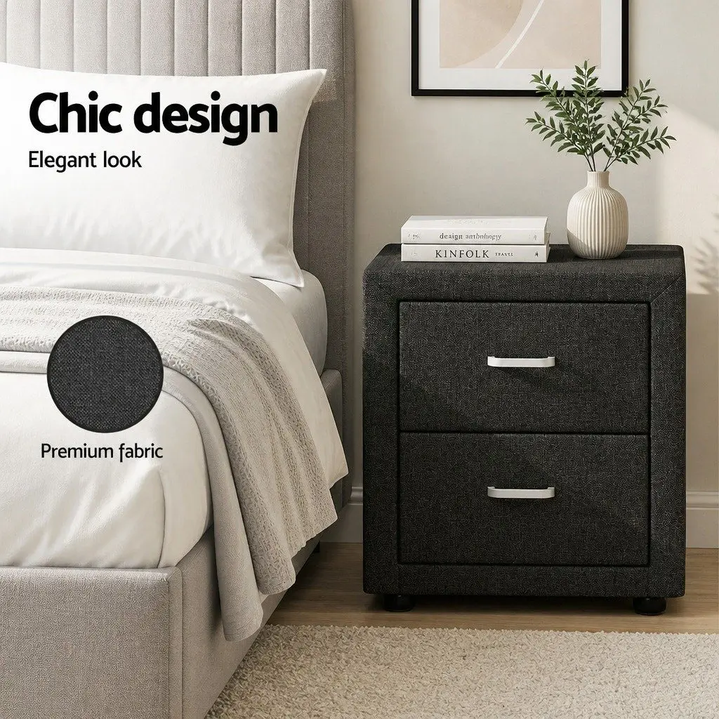 Charcoal Fabric 2-Drawer Bedside Table