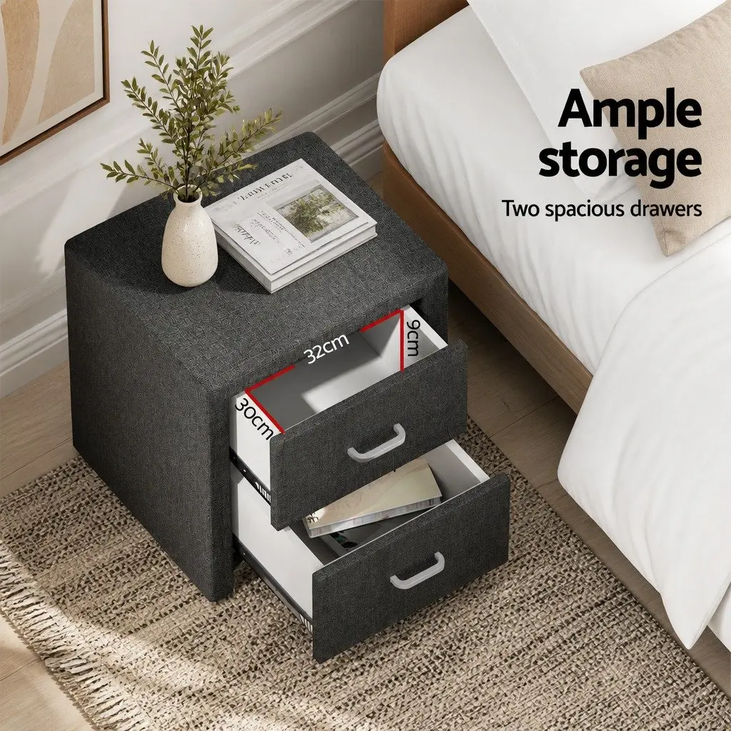 Charcoal Fabric 2-Drawer Bedside Table