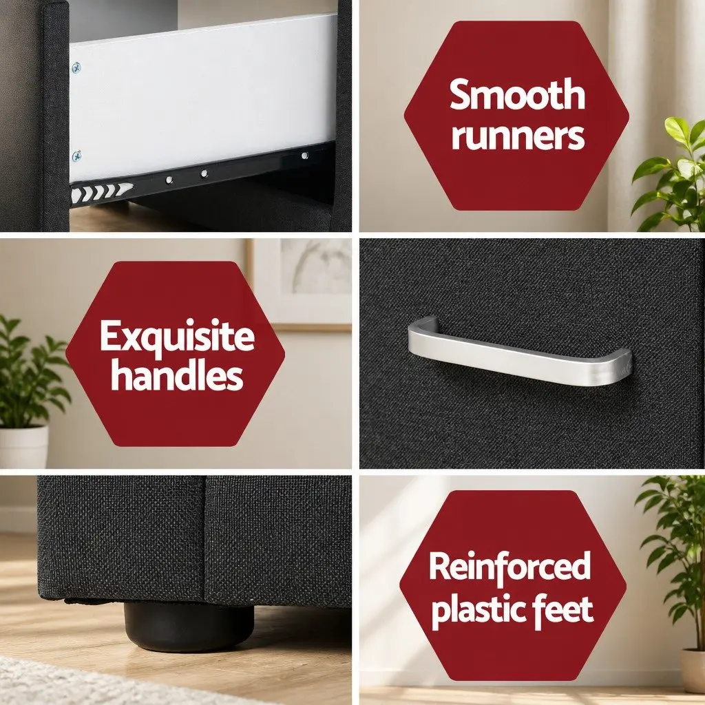 Charcoal Fabric 2-Drawer Bedside Table