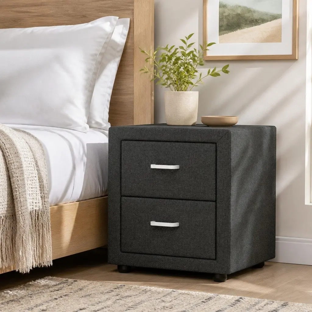 Charcoal Fabric 2-Drawer Bedside Table