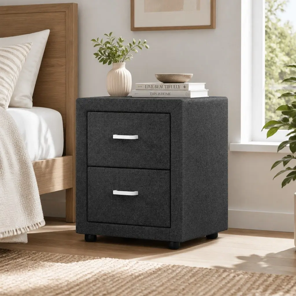 Charcoal Fabric 2-Drawer Bedside Table
