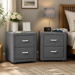 Grey Linen Fabric Bedside Table with 2 Drawers