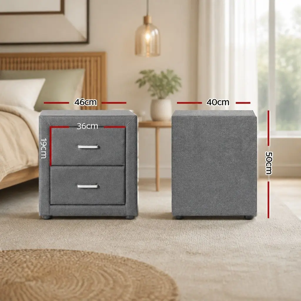 Grey Linen Fabric Bedside Table with 2 Drawers