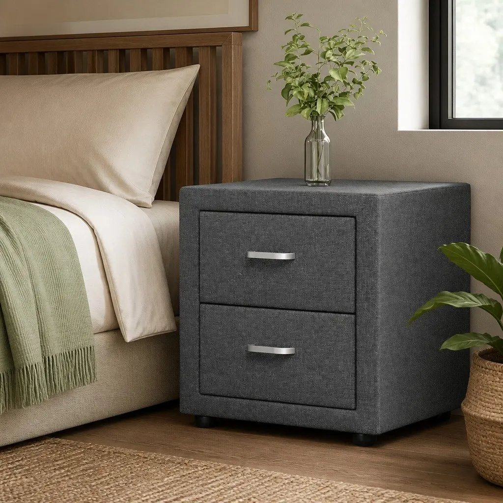Grey Linen Fabric Bedside Table with 2 Drawers