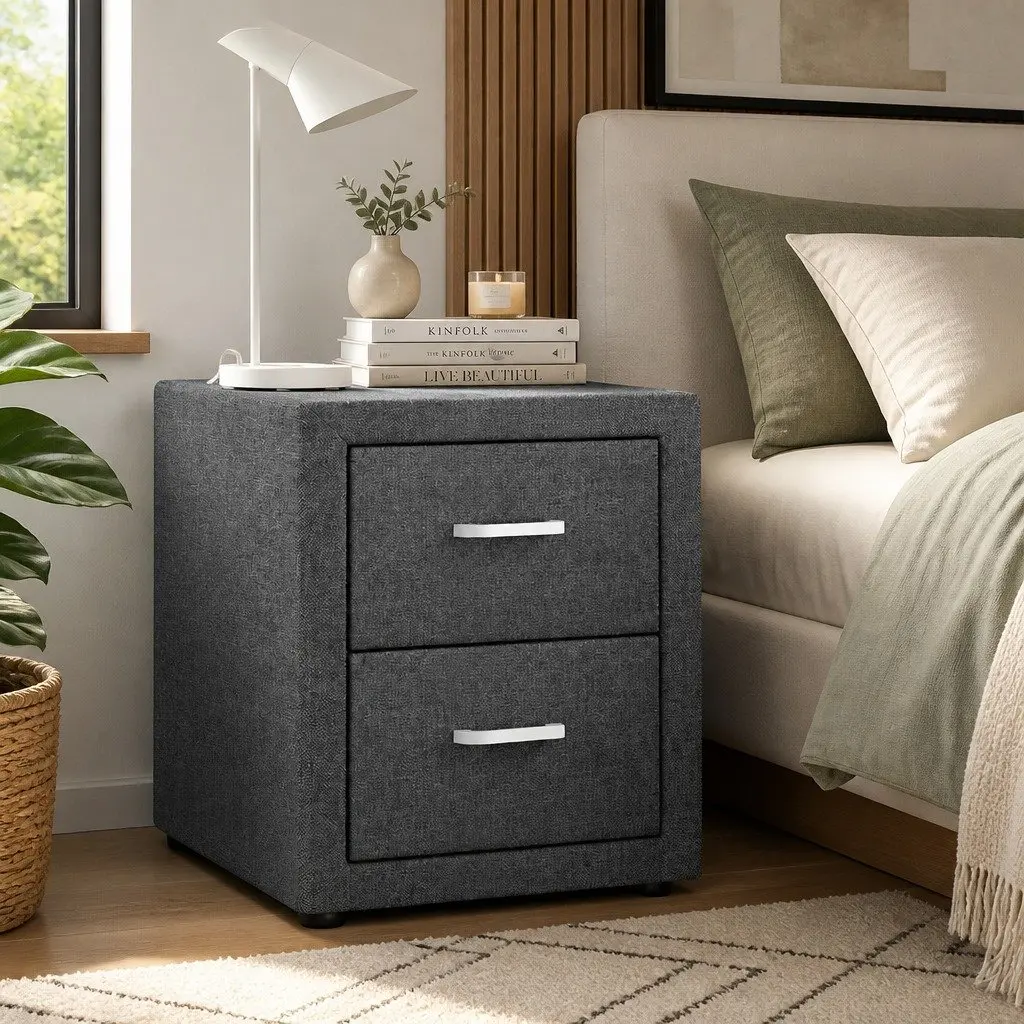 Grey Linen Fabric Bedside Table with 2 Drawers