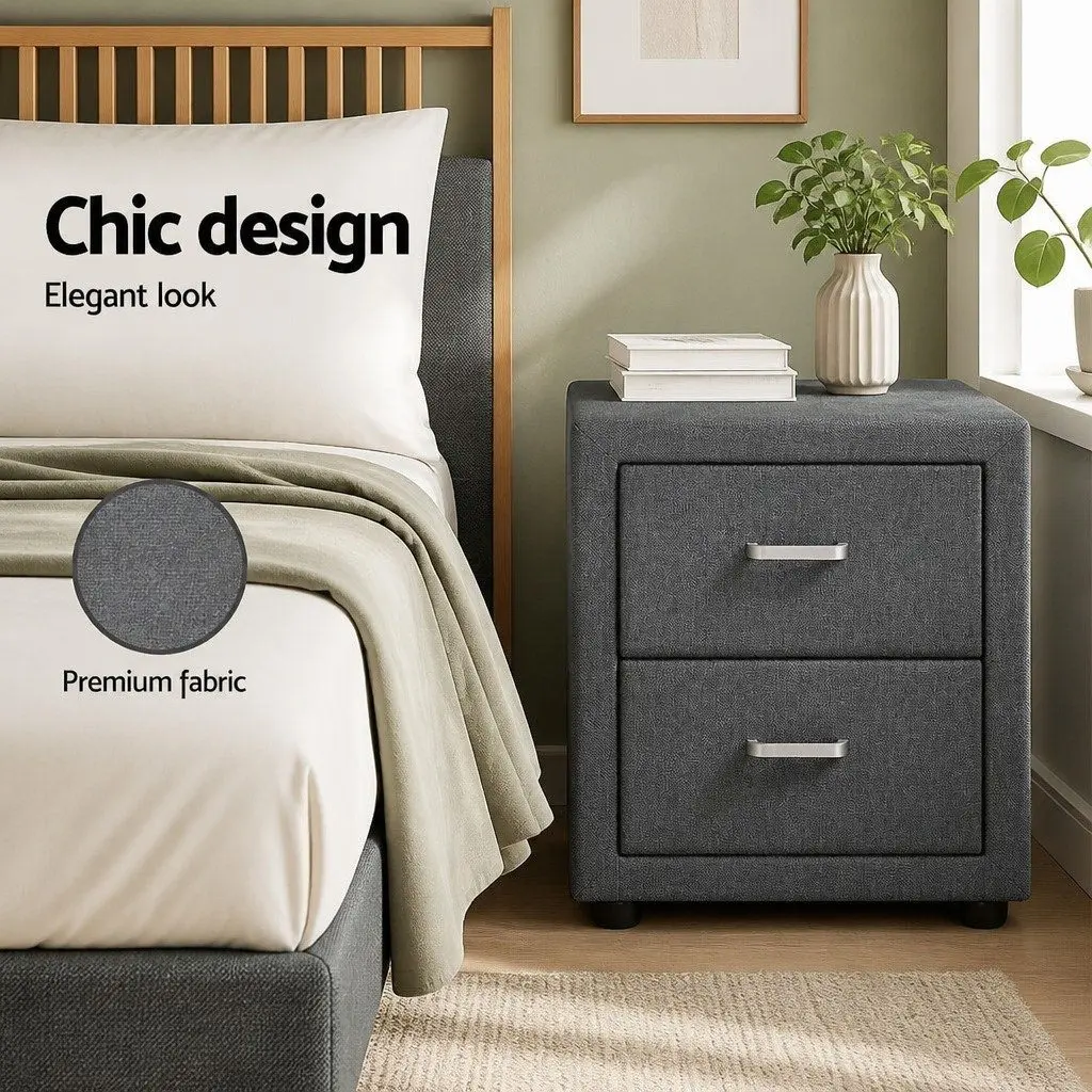 Grey Linen Fabric Bedside Table with 2 Drawers